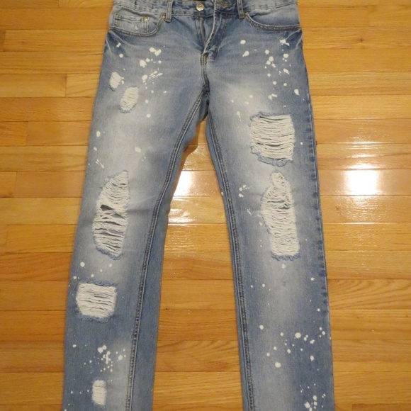 New Forever 21 Men Distressed Bleach Blue Jeans - Picture 1 of 7